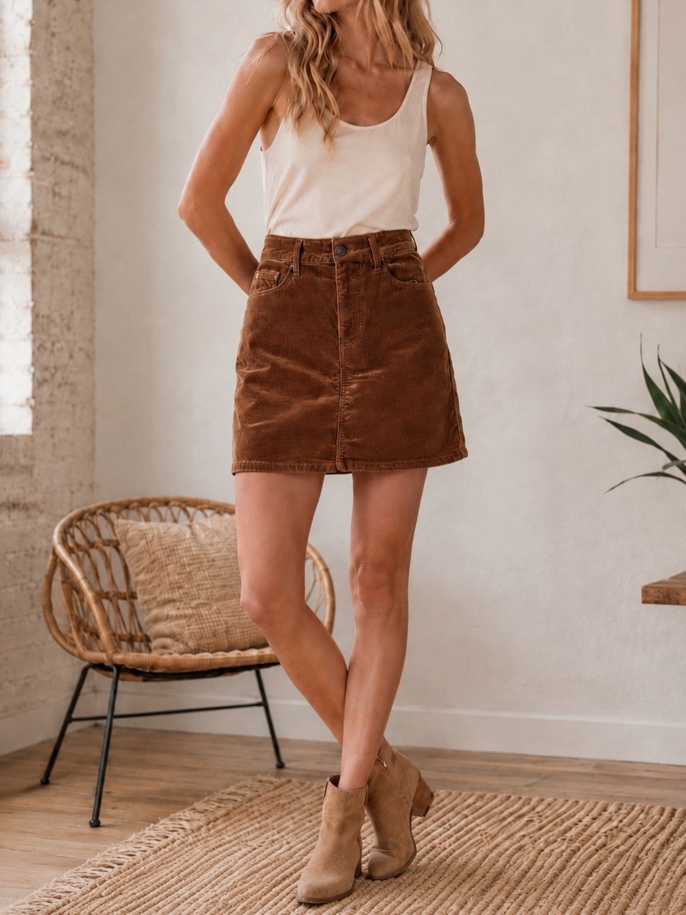 Old Navy High Waist Skirt Light Brown Tan Corduroy Fall Secret Slimming 4 Small